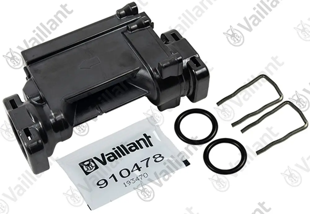 Vaillant Sensor mit Anbauteilen, darunter O-Ringe und Spannungshalter, dargestellt auf neutralem Hintergrund.